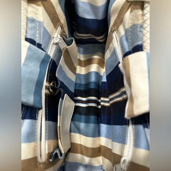 VINTAGE BRIGHTON COLLECTIBLES STRAW HANDBAG WHITE/NAVY BLUE STRIPE INTERIOR - Picture 6 of 14